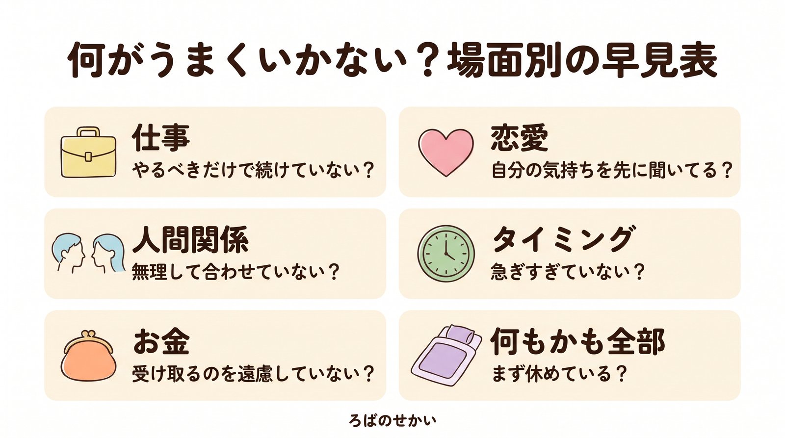 うまくいかない場面別の早見表（仕事・人間関係・お金・恋愛・タイミング・何もかも全部）