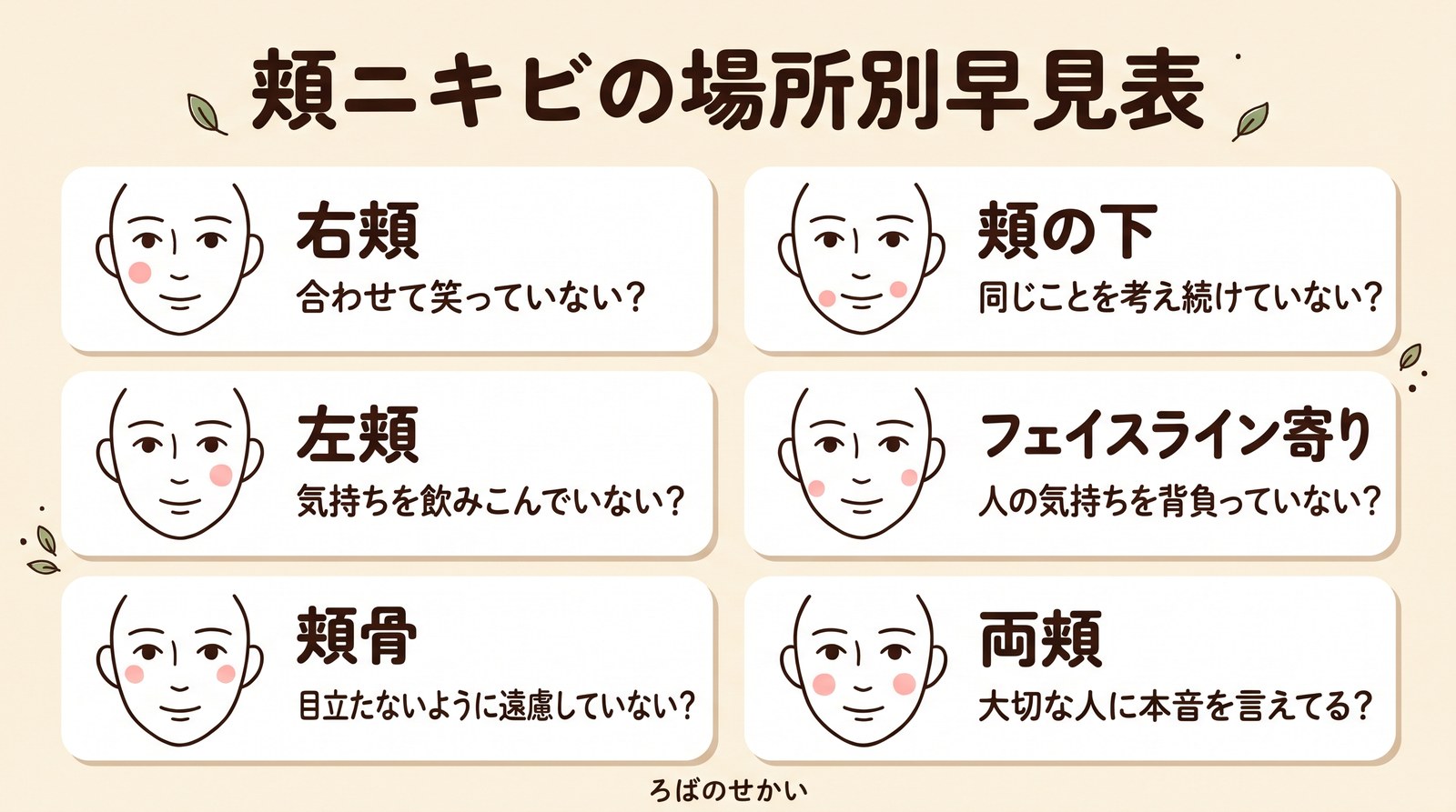 頬ニキビの場所別早見表(右頬・左頬・頬骨・頬の下・フェイスライン寄り・両頬)