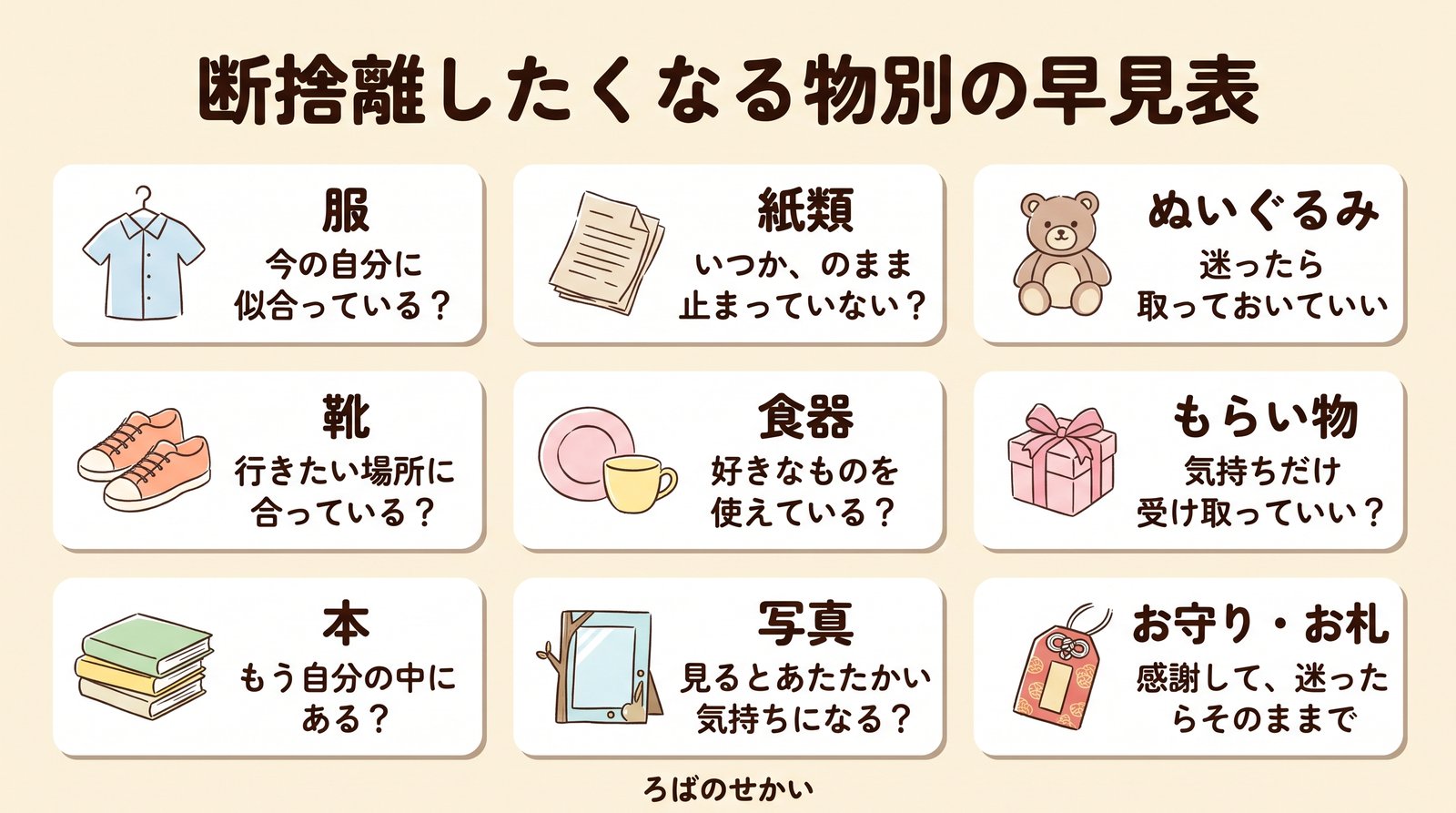 断捨離したくなる物別の早見表（服・靴・本・紙類・食器・写真・ぬいぐるみ・もらい物・お守り）