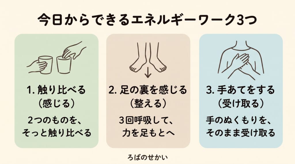 今日からできるエネルギーワーク3つ：触り比べる（感じる）・足の裏を感じる（整える）・手あてをする（受け取る）