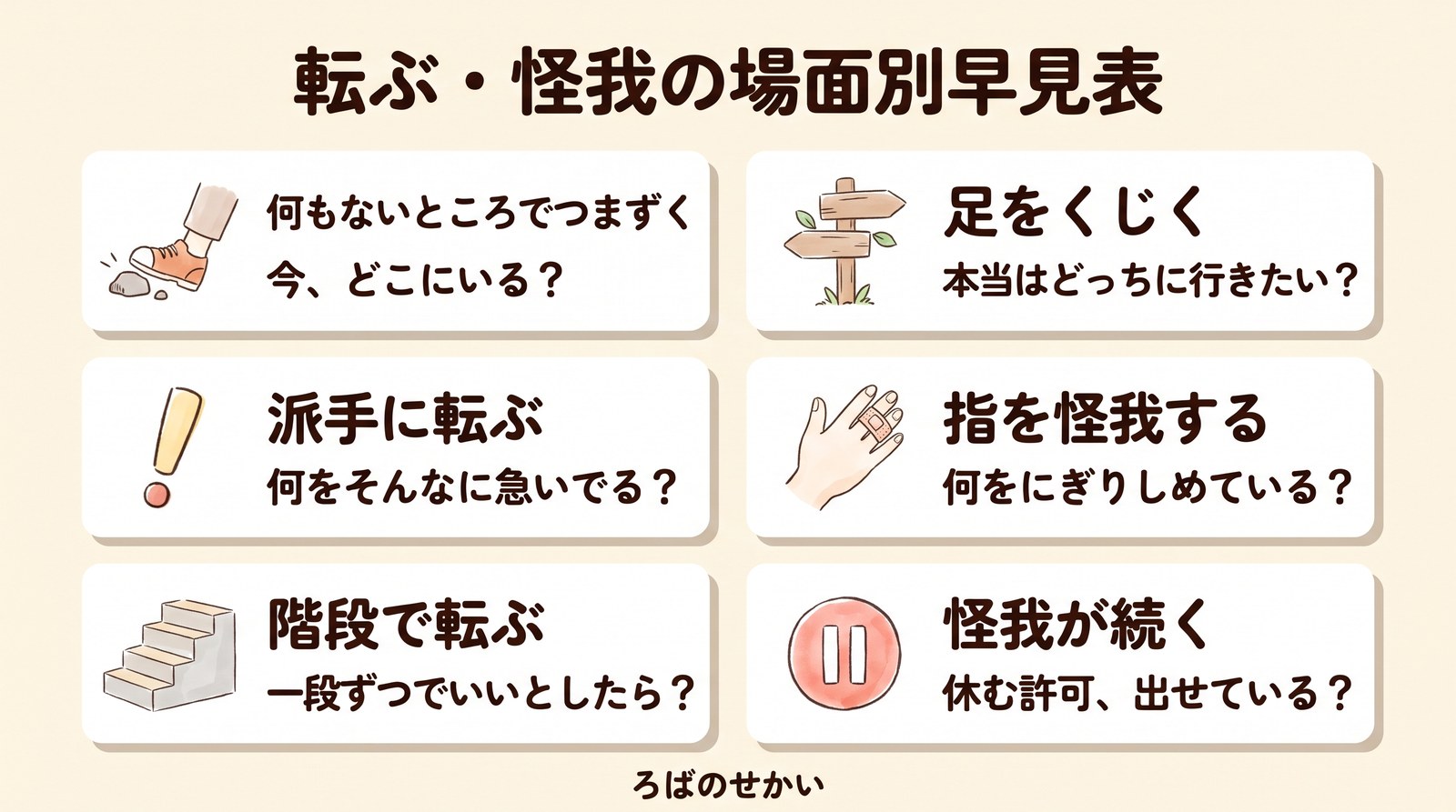 転ぶ・怪我の場面別早見表（つまずく・派手に転ぶ・階段・足をくじく・指を怪我する・怪我が続く）