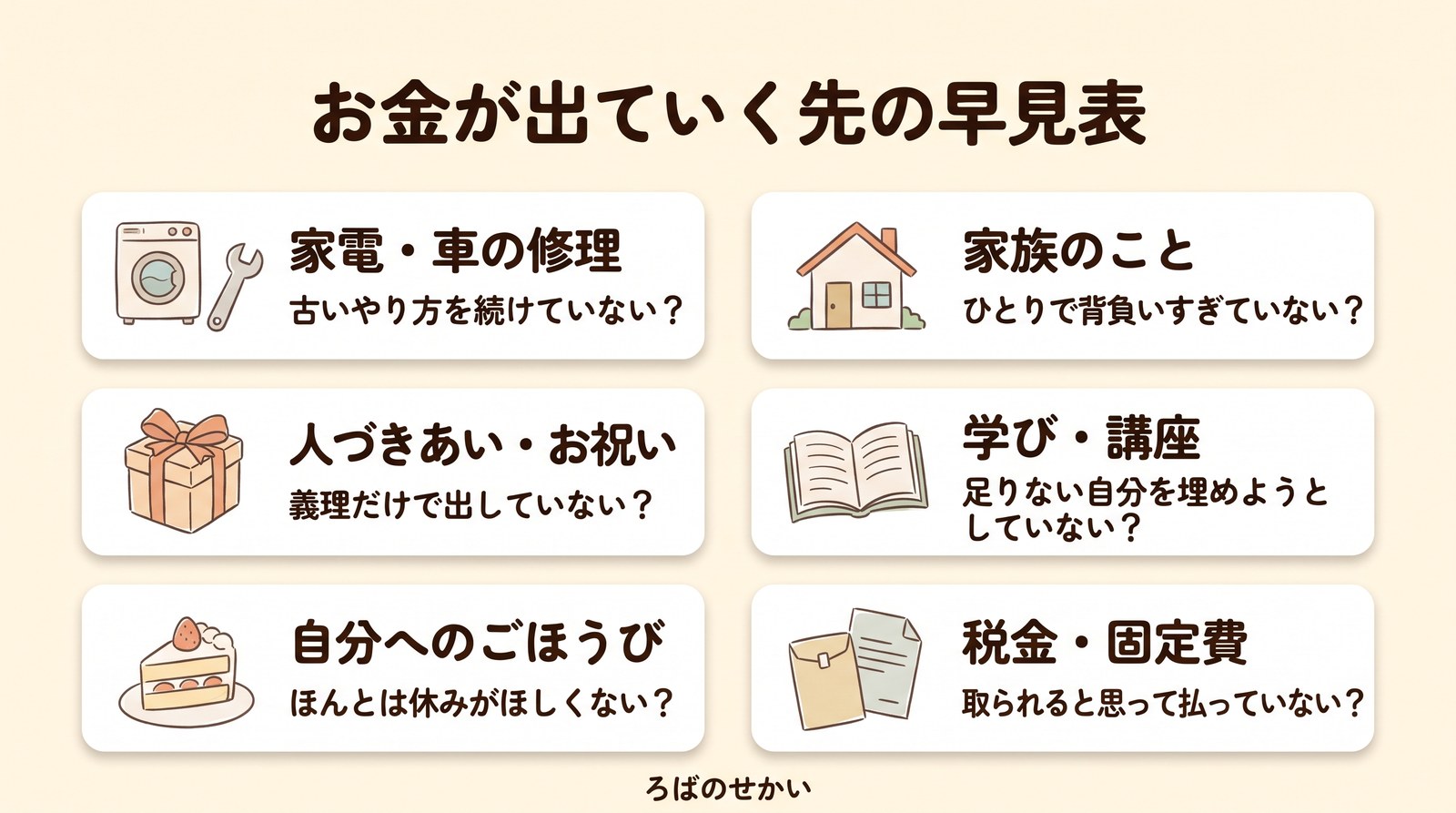 お金が出ていく先の早見表(家電・車の修理/人づきあい・お祝い/自分へのごほうび/家族のこと/学び・講座/税金・固定費)