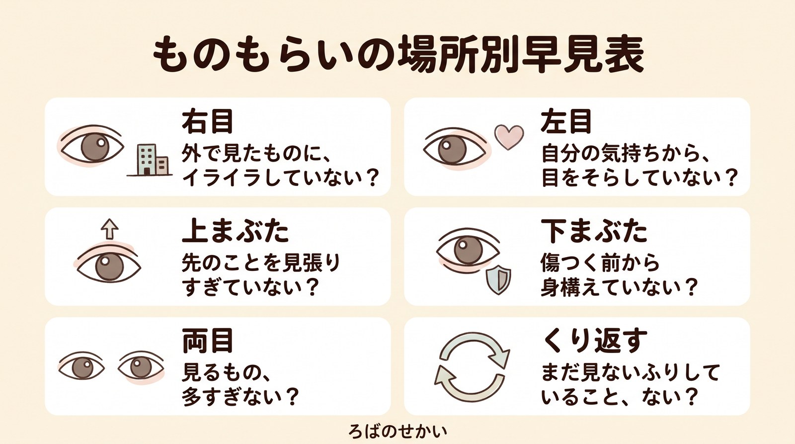 ものもらいの場所別早見表(右目・左目・上まぶた・下まぶた・両目・くり返す)