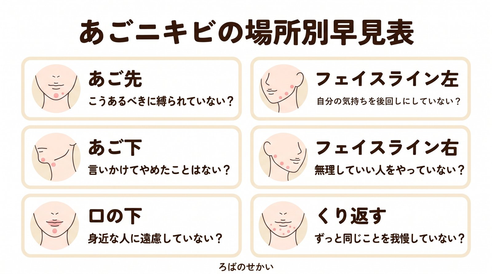 あごニキビの場所別早見表（あご先・あご下・口の下・フェイスライン左右・くり返す）